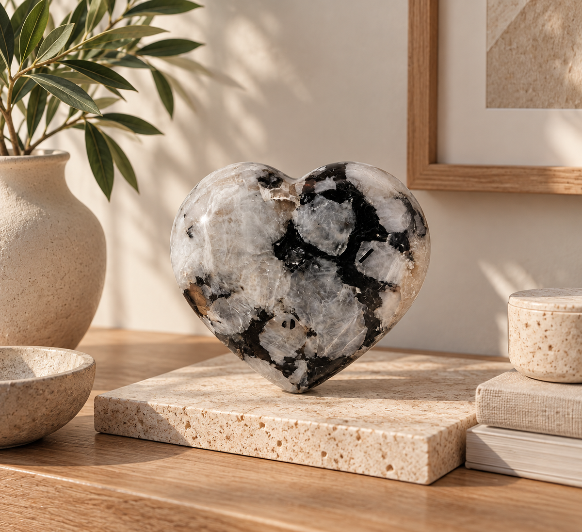 Black & White Graphic Mineral Heart – Polished Stone
