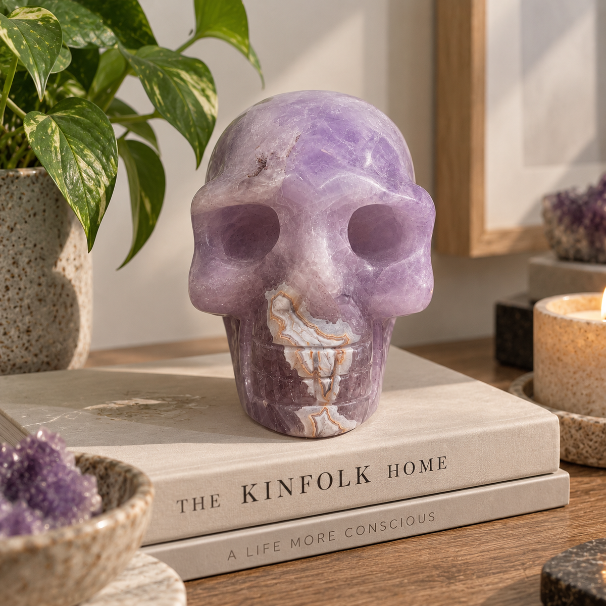 Natural Amethyst & Agate Crystal Skull – Polished Carving