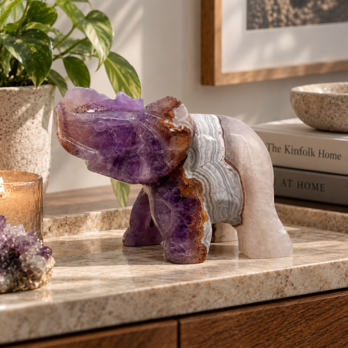 Natural Amethyst & Banded Agate Elephant – Crystal Carving