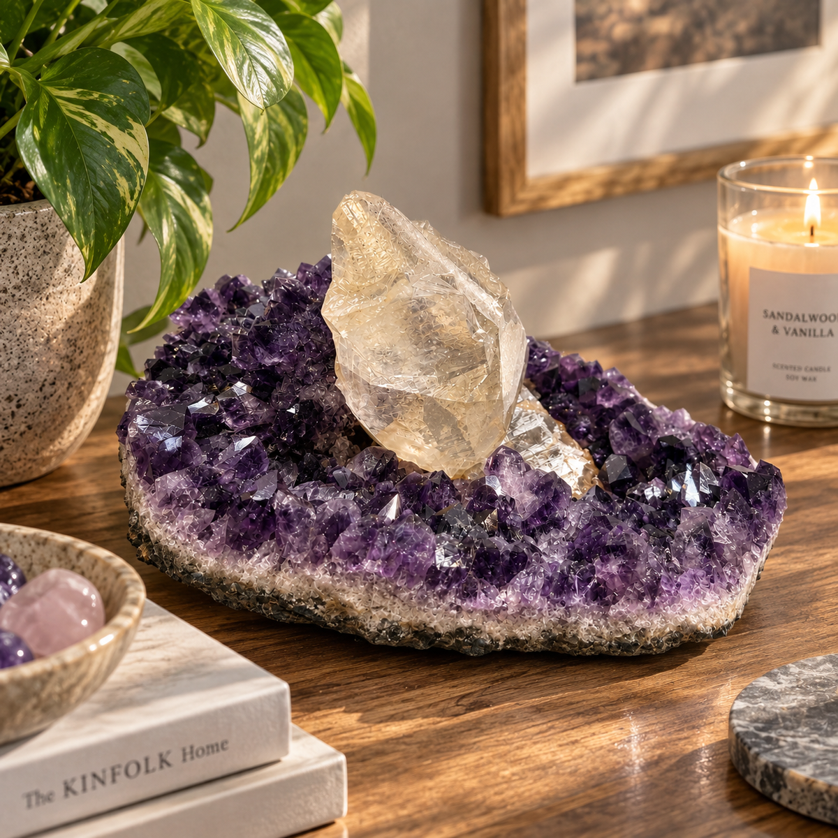 Natural Amethyst Cluster with Calcite Crystals – Mineral Specimen