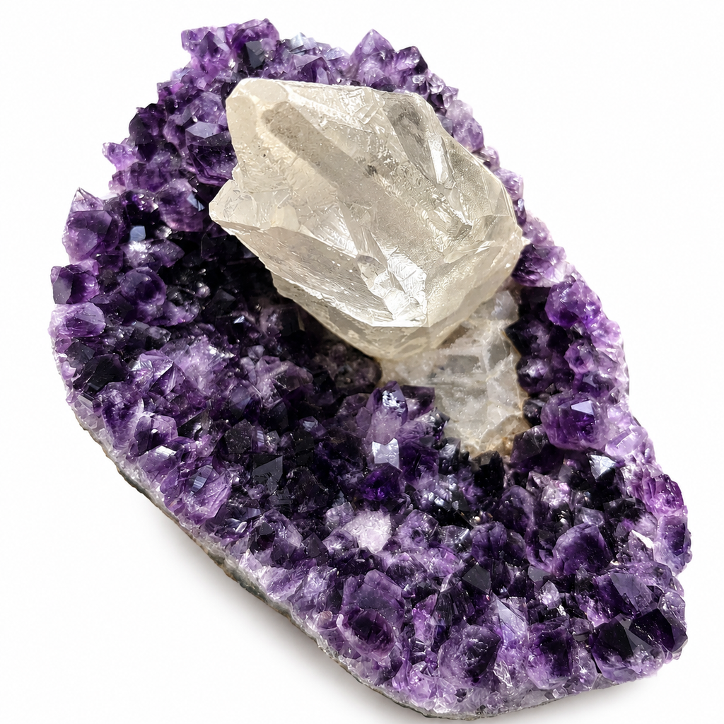 Amethyst Cluster with Calcite Crystal