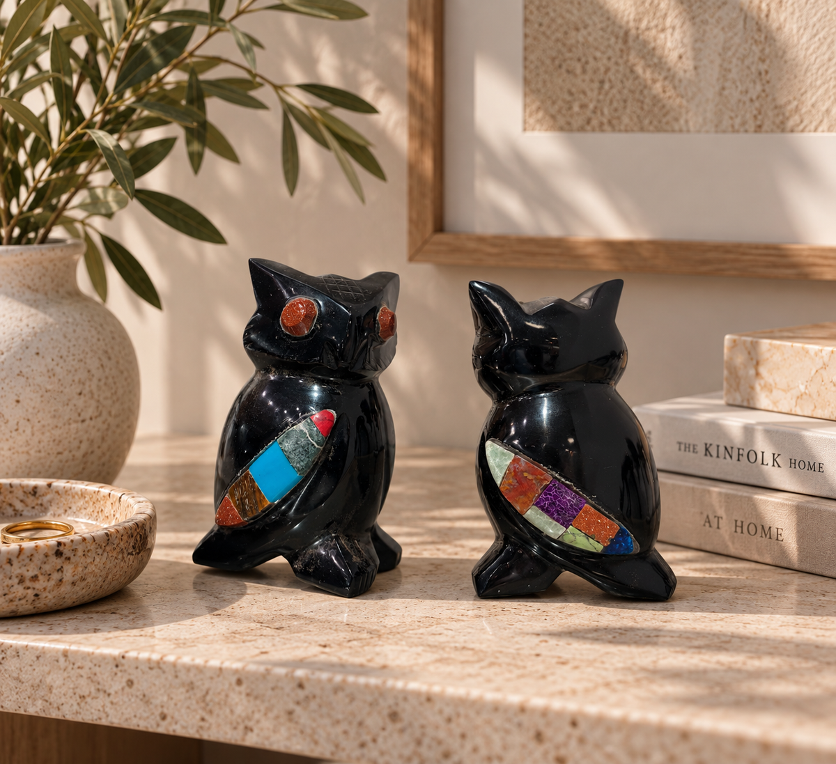 Black Obsidian Owl with Gemstone Inlay