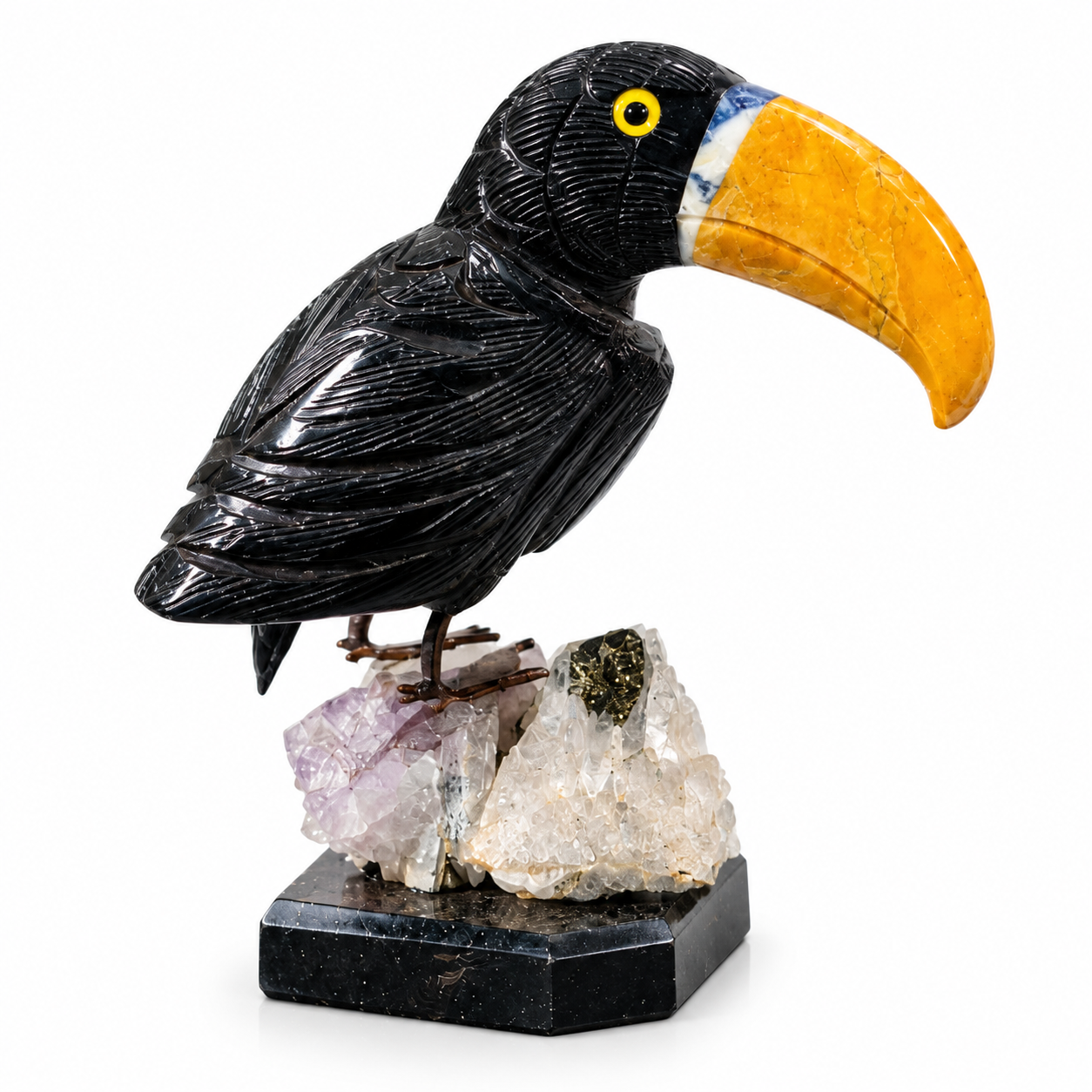 Gemstone Toucan Carving on Crystal Cluster