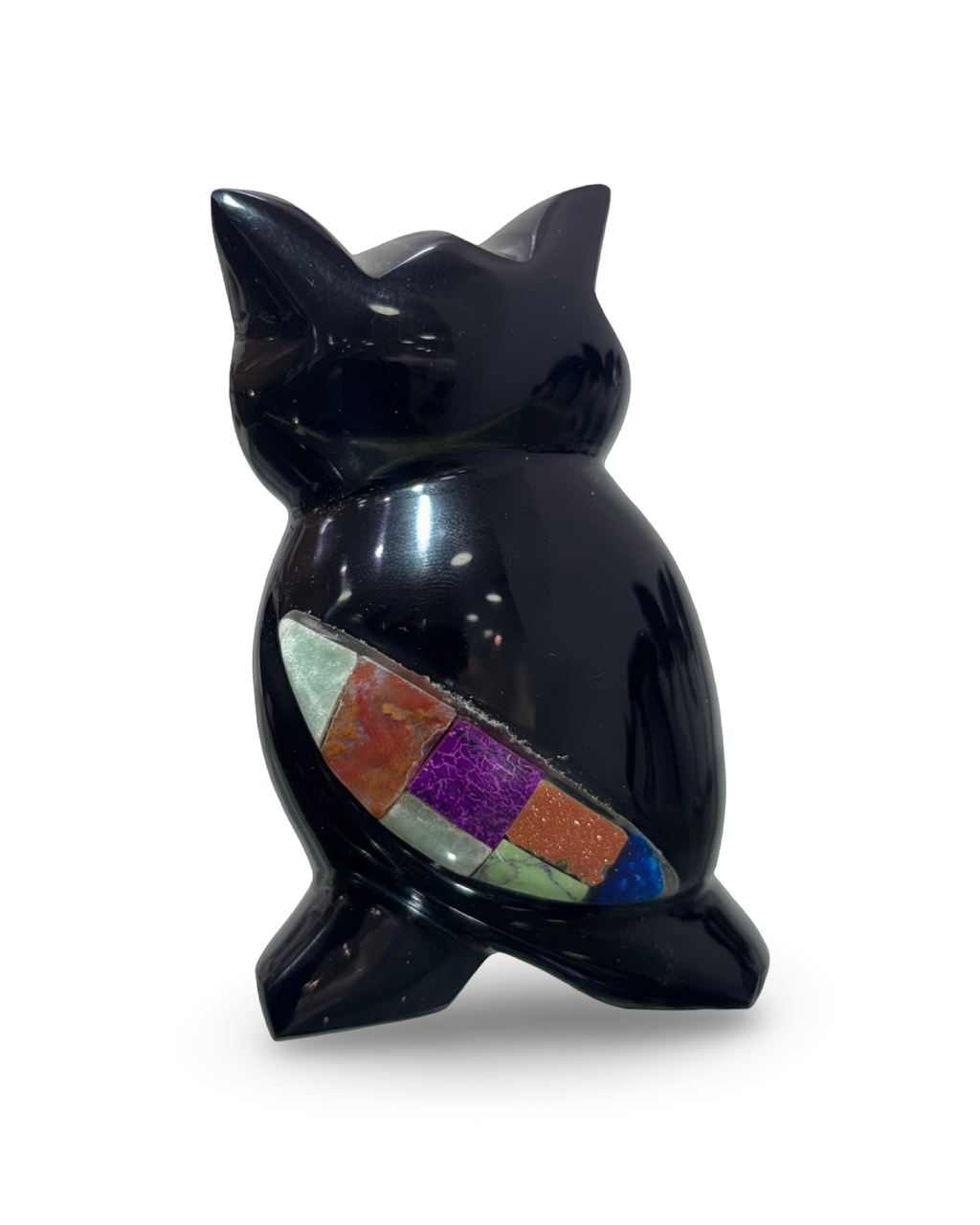 Black Obsidian Owl with Gemstone Inlay