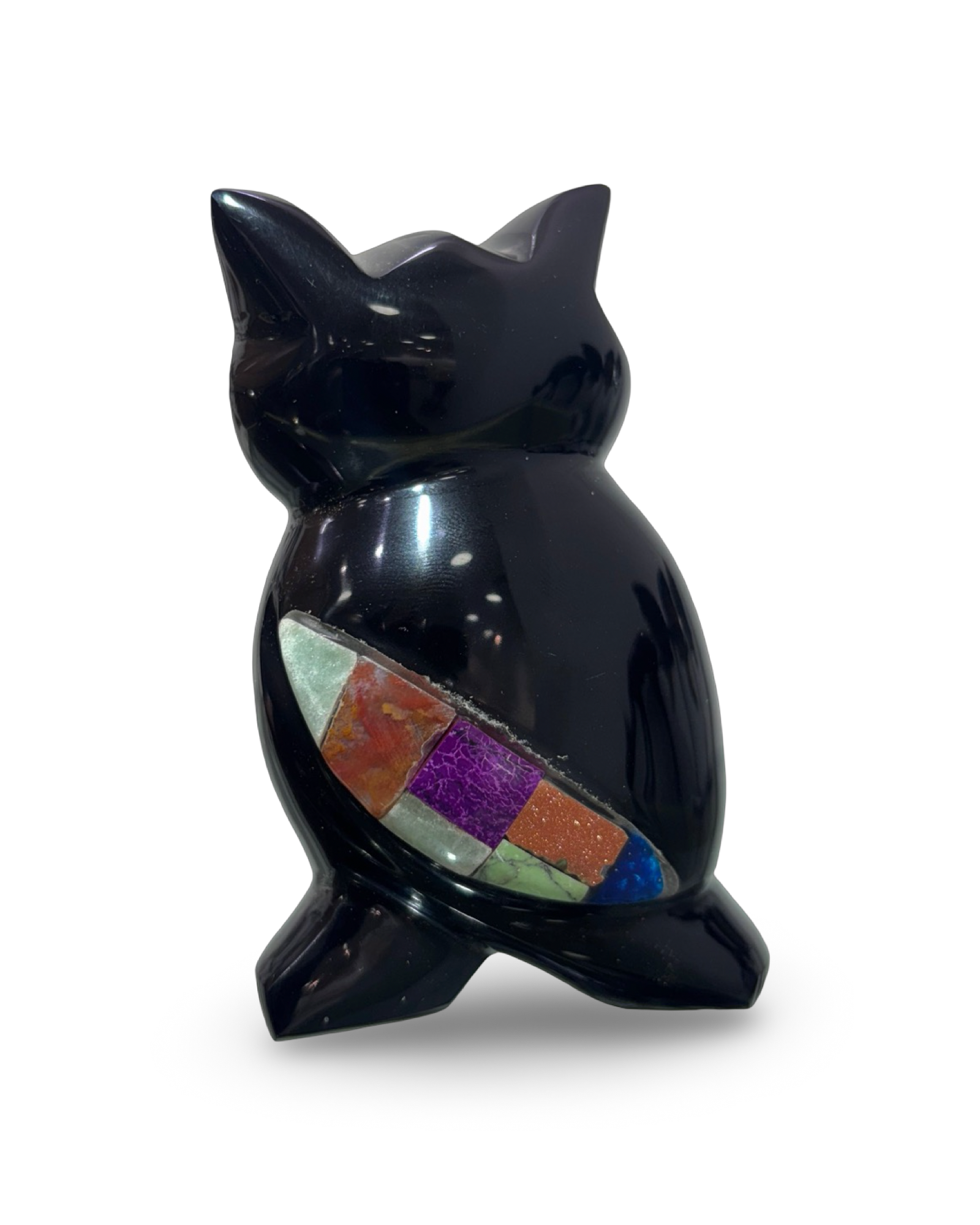 Black Obsidian Owl with Gemstone Inlay