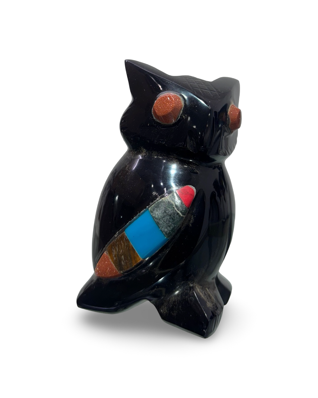 Black Obsidian Owl with Gemstone Inlay