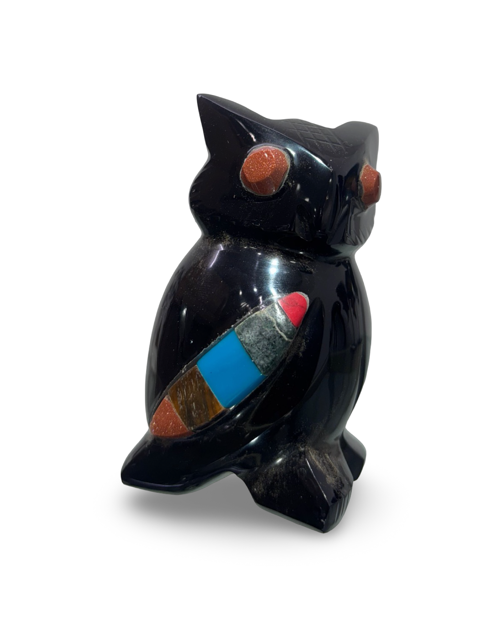 Black Obsidian Owl with Gemstone Inlay