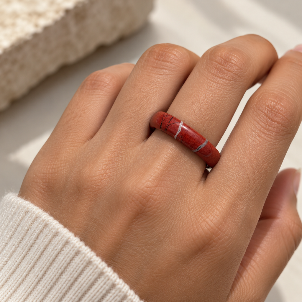 Red Jasper Natural Stone Ring – Polished Crystal Band