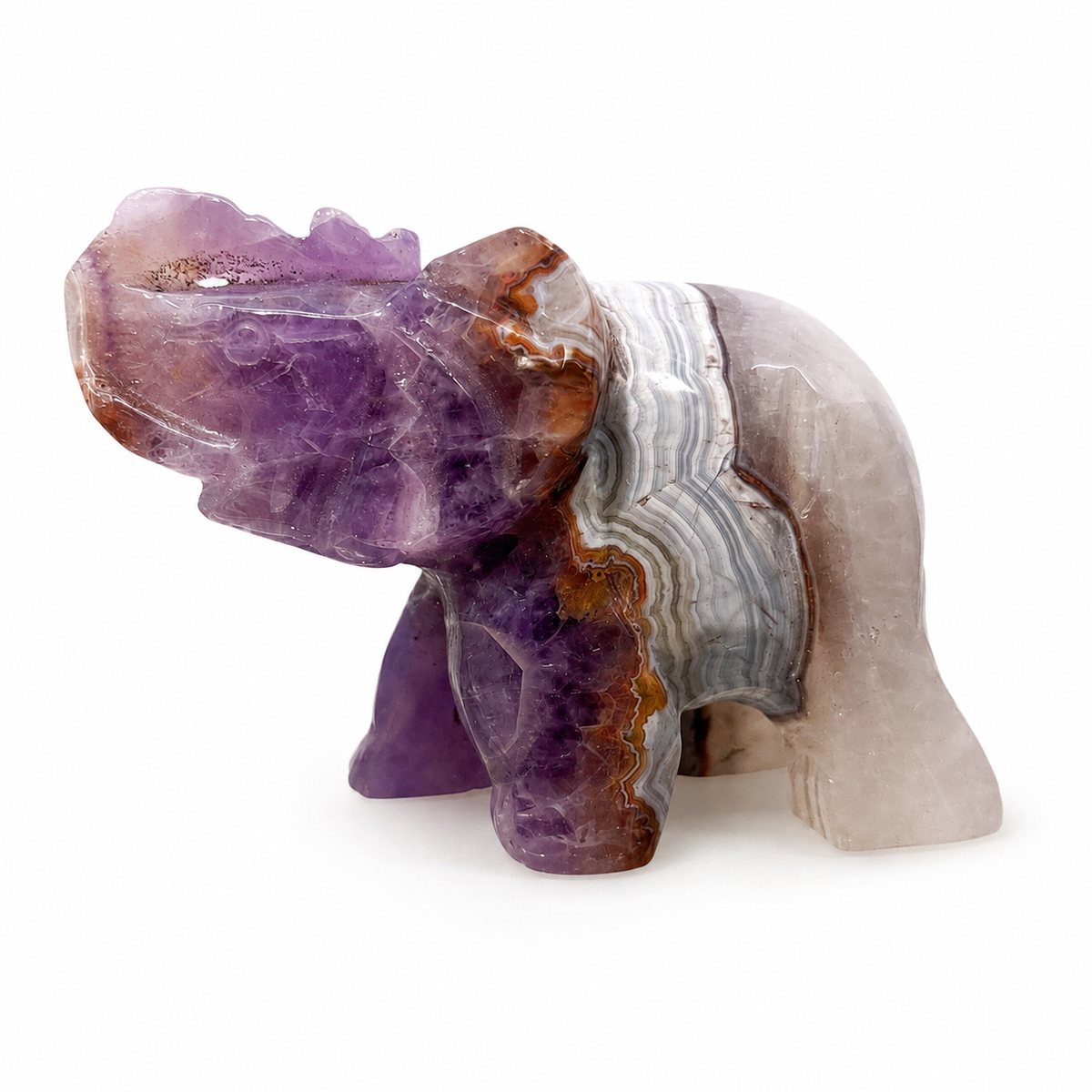 Natural Amethyst & Banded Agate Elephant – Crystal Carving