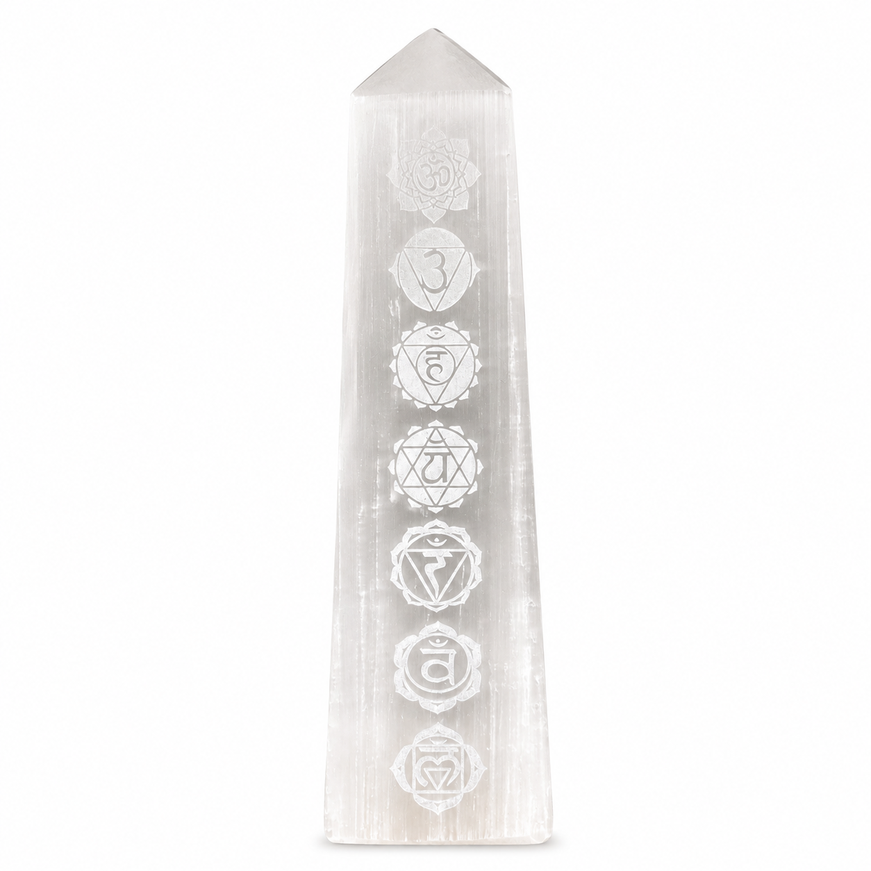 7 Chakra Engraved Selenite Tower