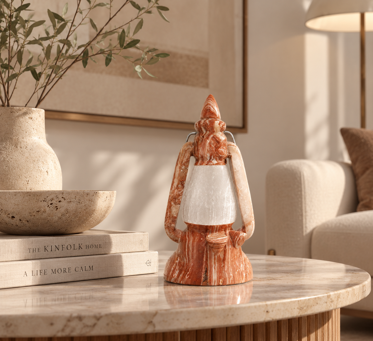 Banded Calcite & Selenite – Decorative Stone Lantern