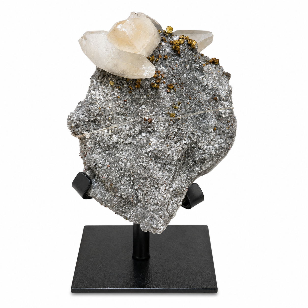 Quartz & Pyrite with Calcite on Metal Stand