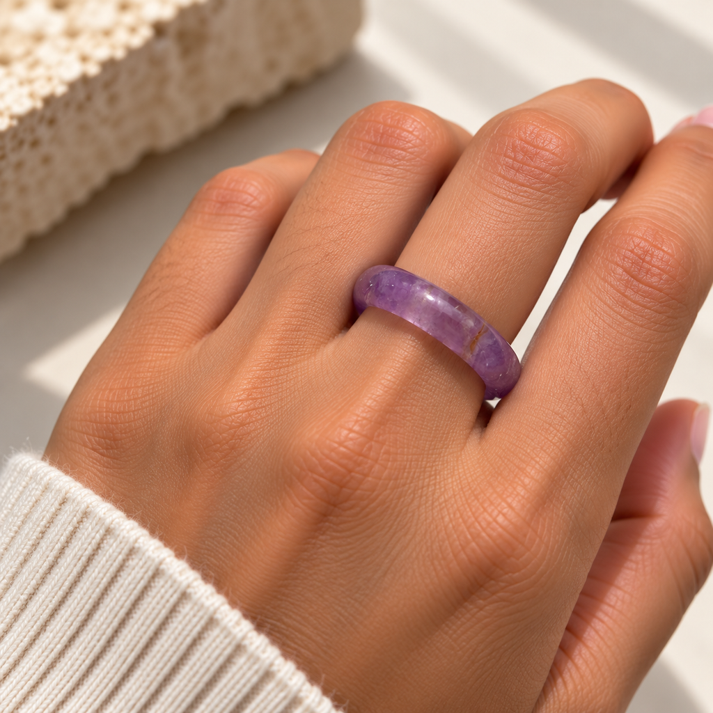 Amethyst Natural Stone Ring – Polished Crystal Band