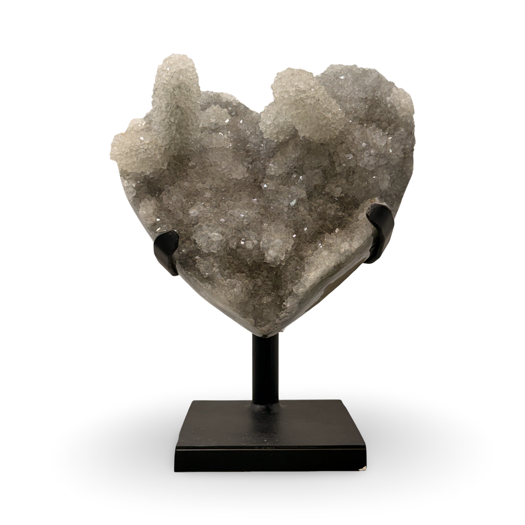 Druzy Quartz Stalactite Heart Carving on Metal Stand, 9.2 kgs, 14” height with base, 9” x 7” stone