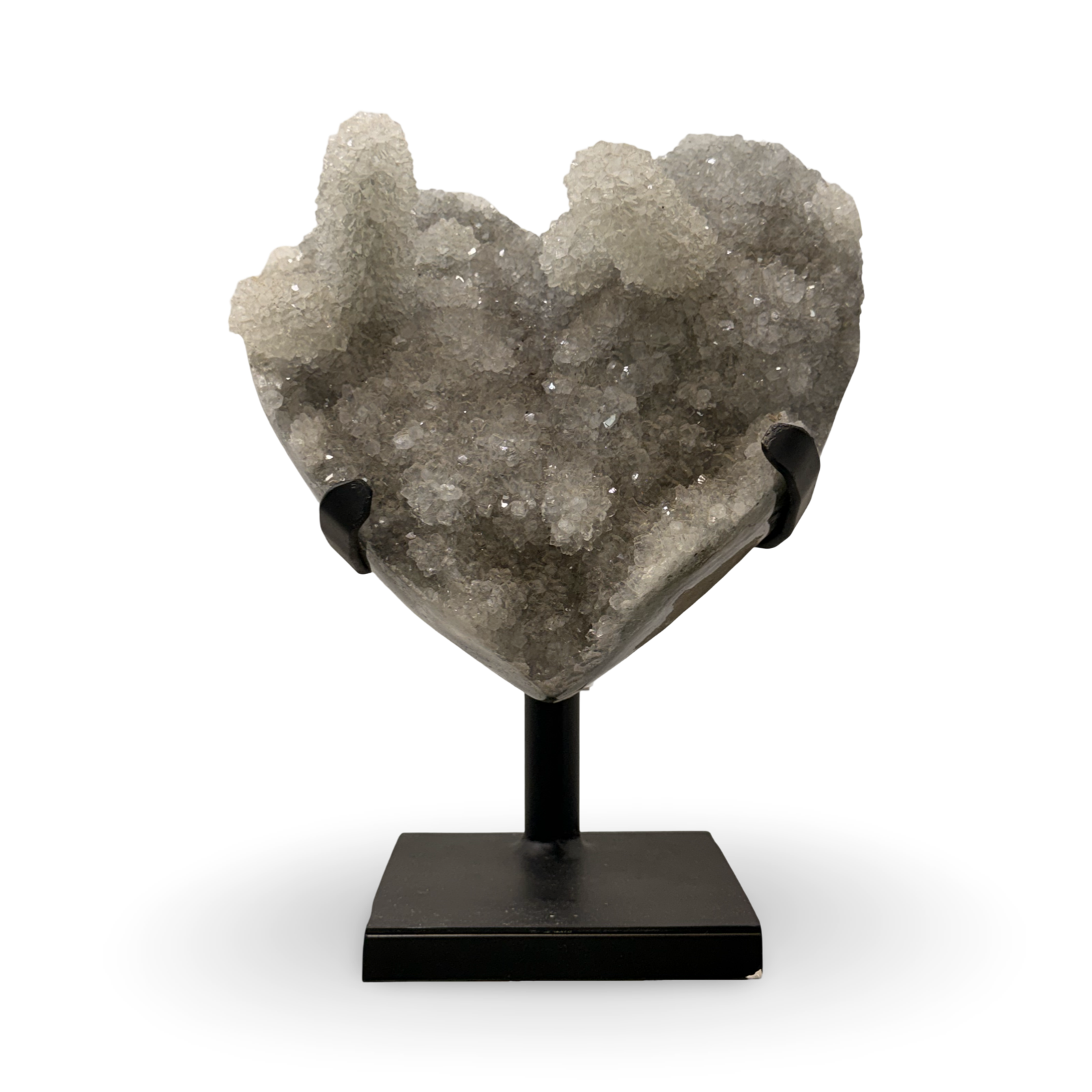 Druzy Quartz Stalactite Heart Carving on Metal Stand, 9.2 kgs, 14” height with base, 9” x 7” stone