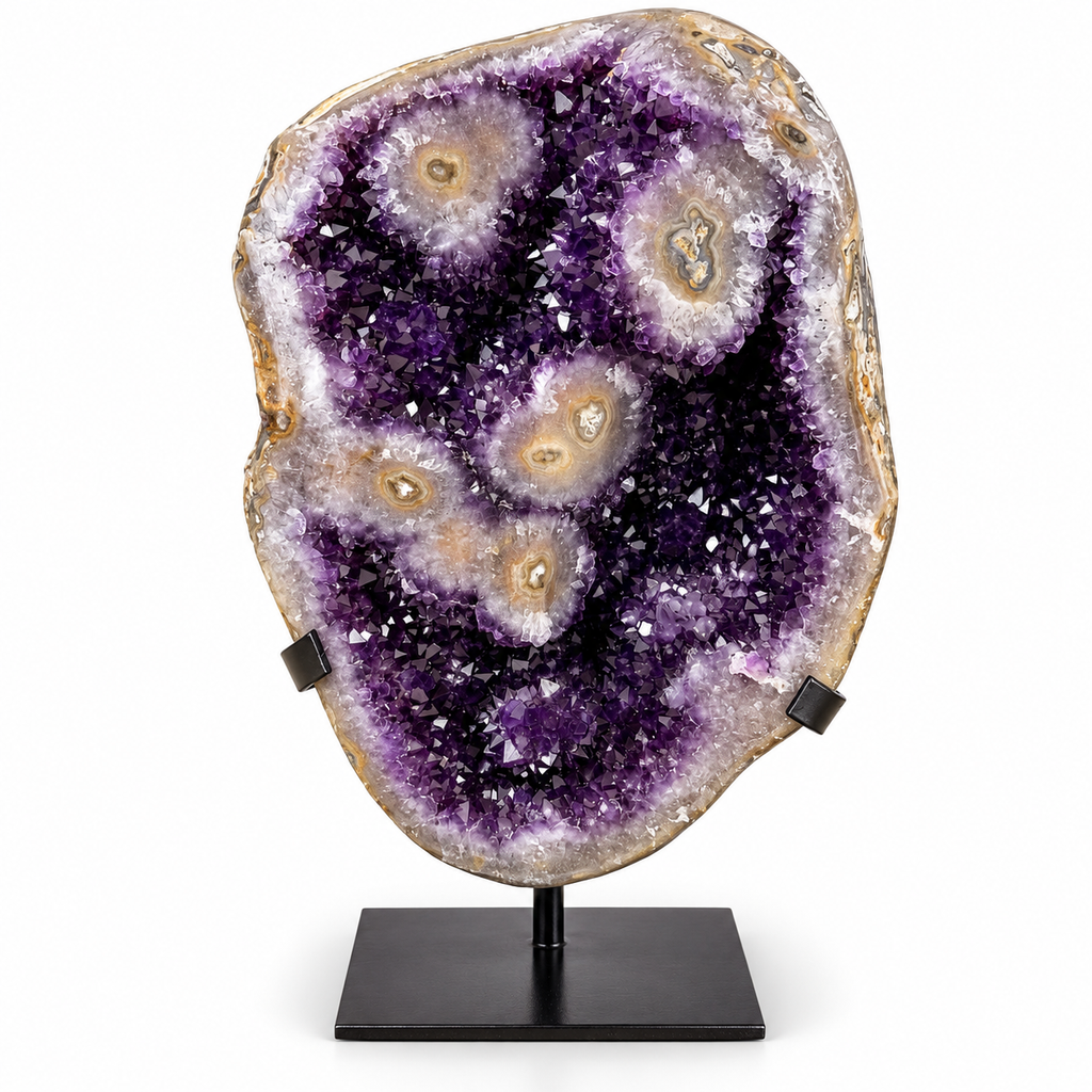 Amethyst Polished Geode w/ Stalactite Eyes on Metal Base - 20 lbs, 14” Tall