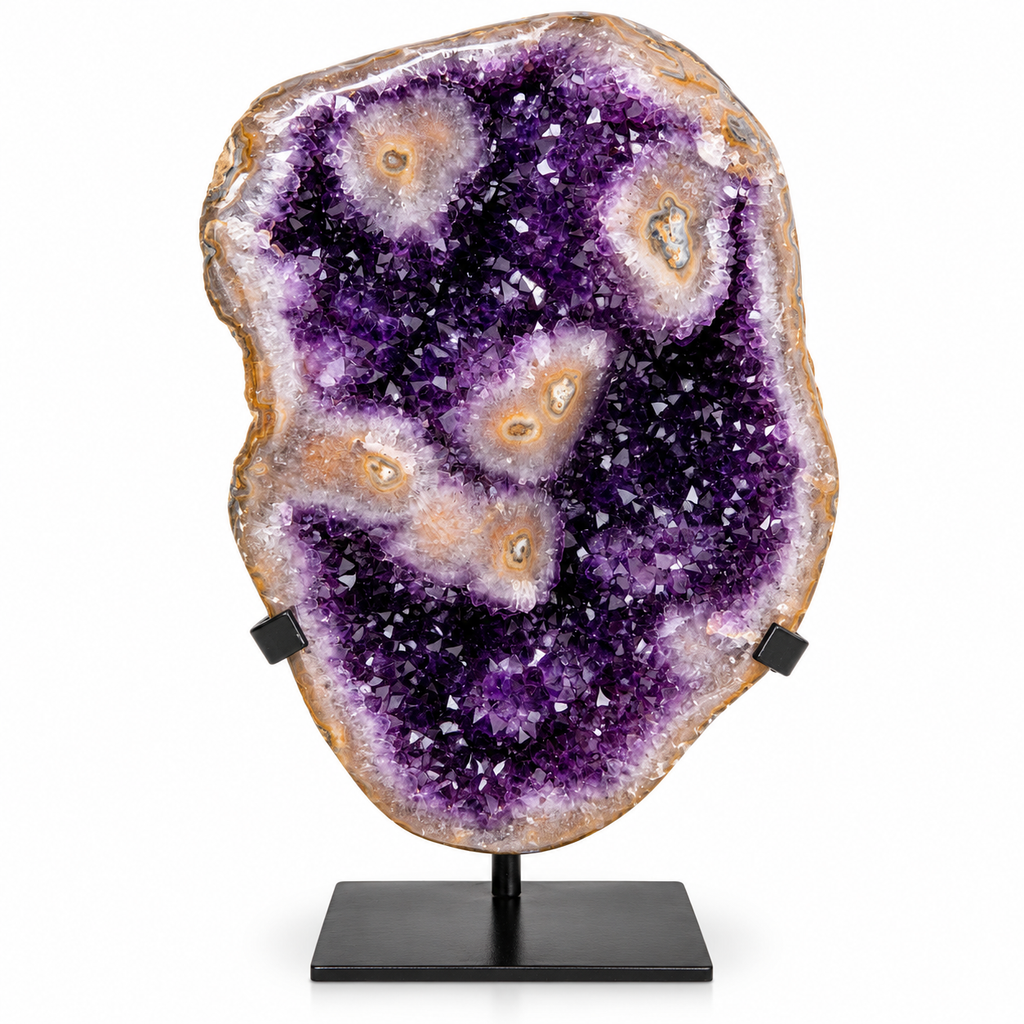 Amethyst Polished Geode w/ Stalactite Eyes on Metal Base - 20 lbs, 14” Tall