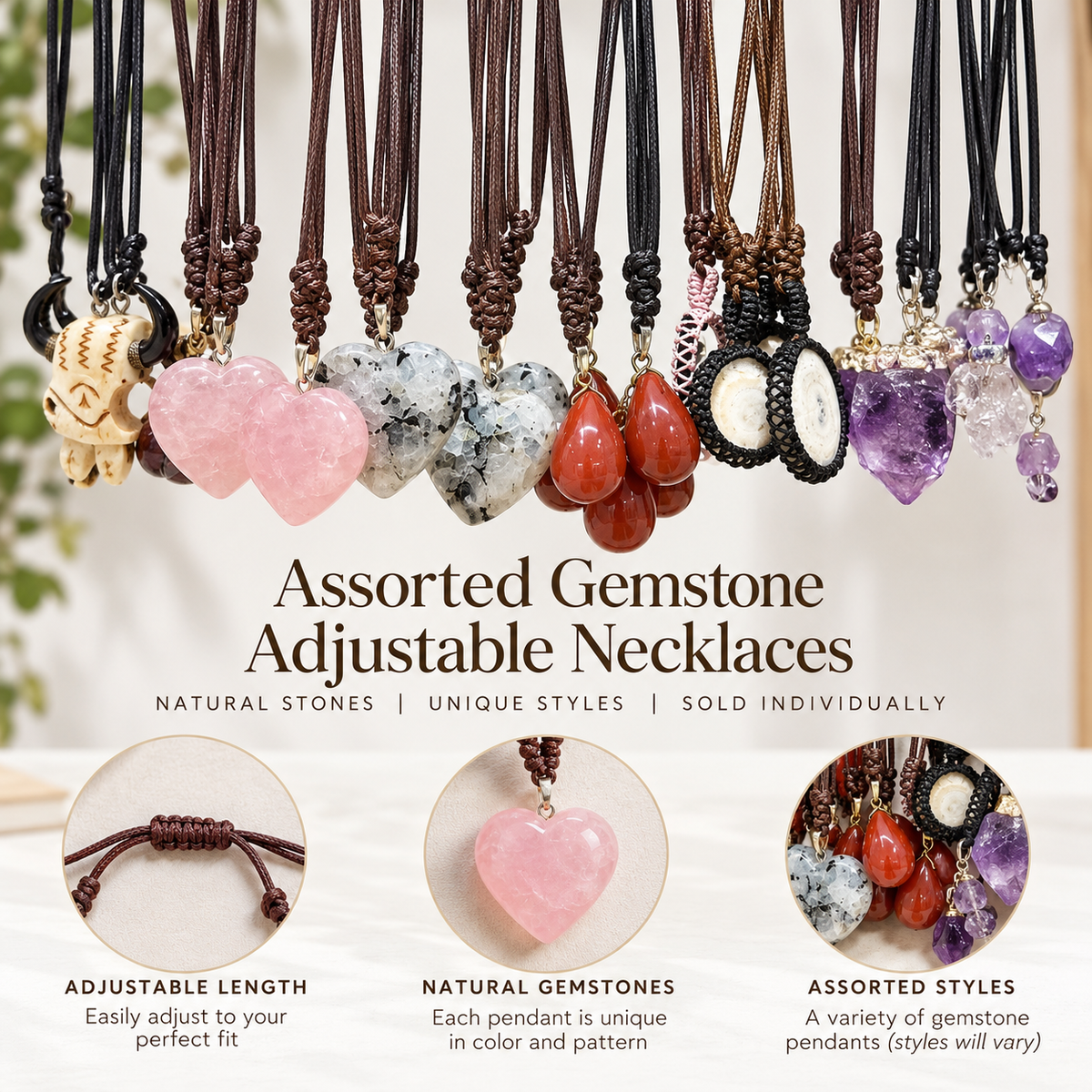Assorted Natural Gemstone Adjustable Pendant Necklaces